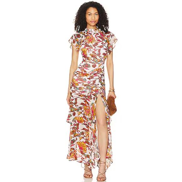 Cleobella Cecilia Shea Abstract Floral Ruched Front Slit Ankle Dress Small - Picture 1 of 9